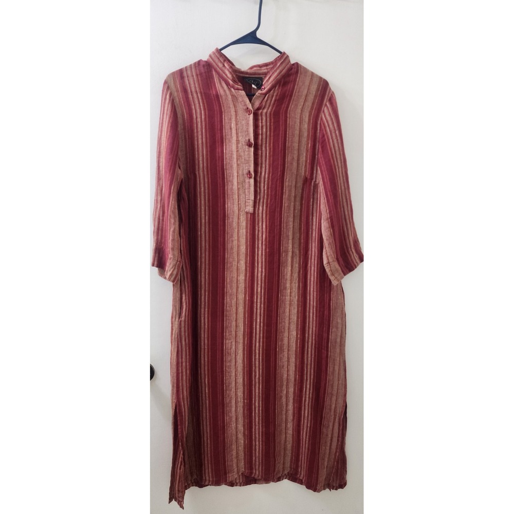 Silky Red Striped Mandarin Collar Tunic Dress Womens Size 46 Midi Side Slits